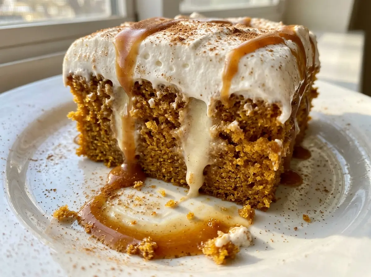 Pumpkin Spice Poke Cake with caramel drizzle