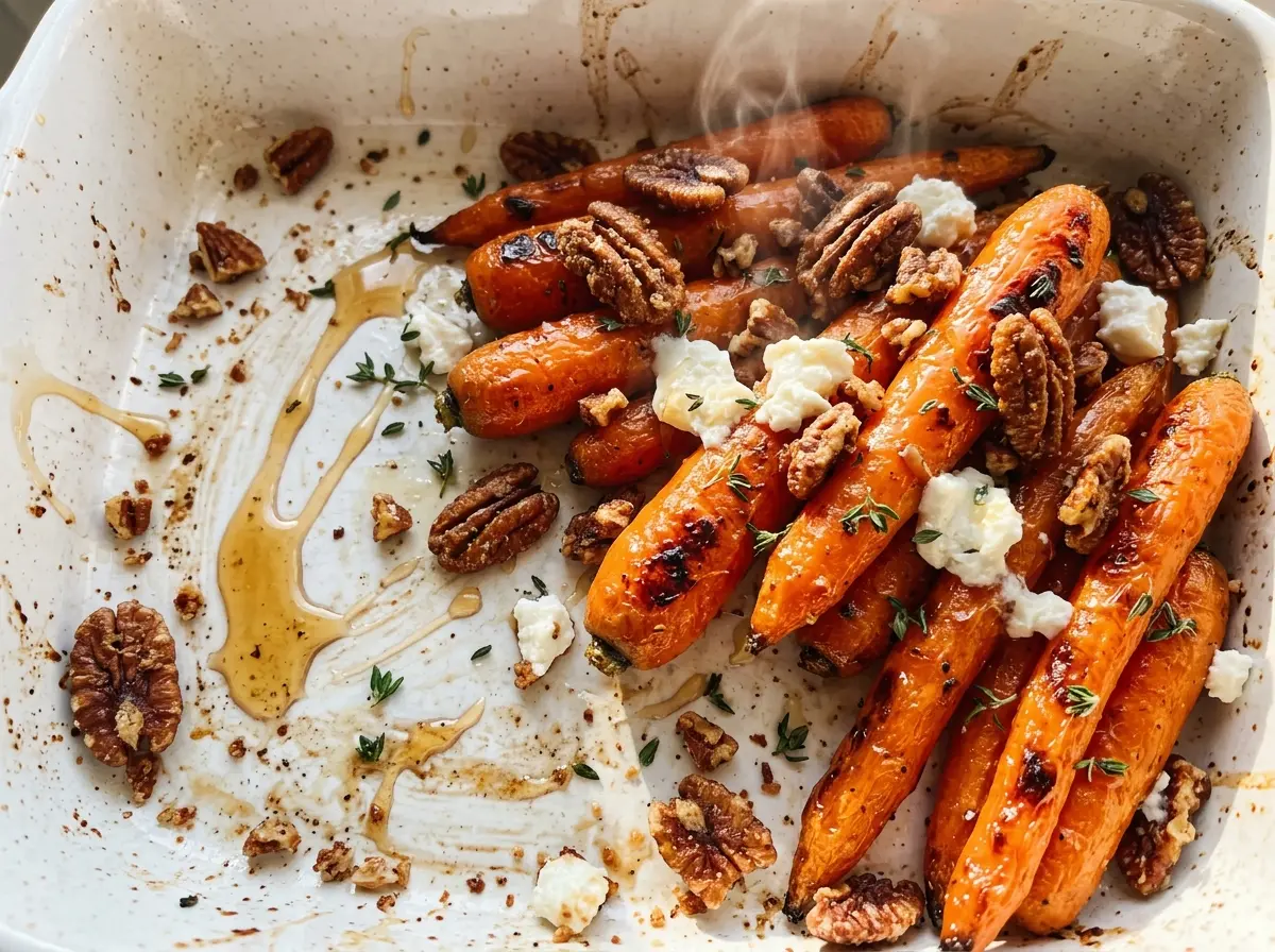 Roasted carrots with candied pecans and goat cheese, golden, crisp, creamy