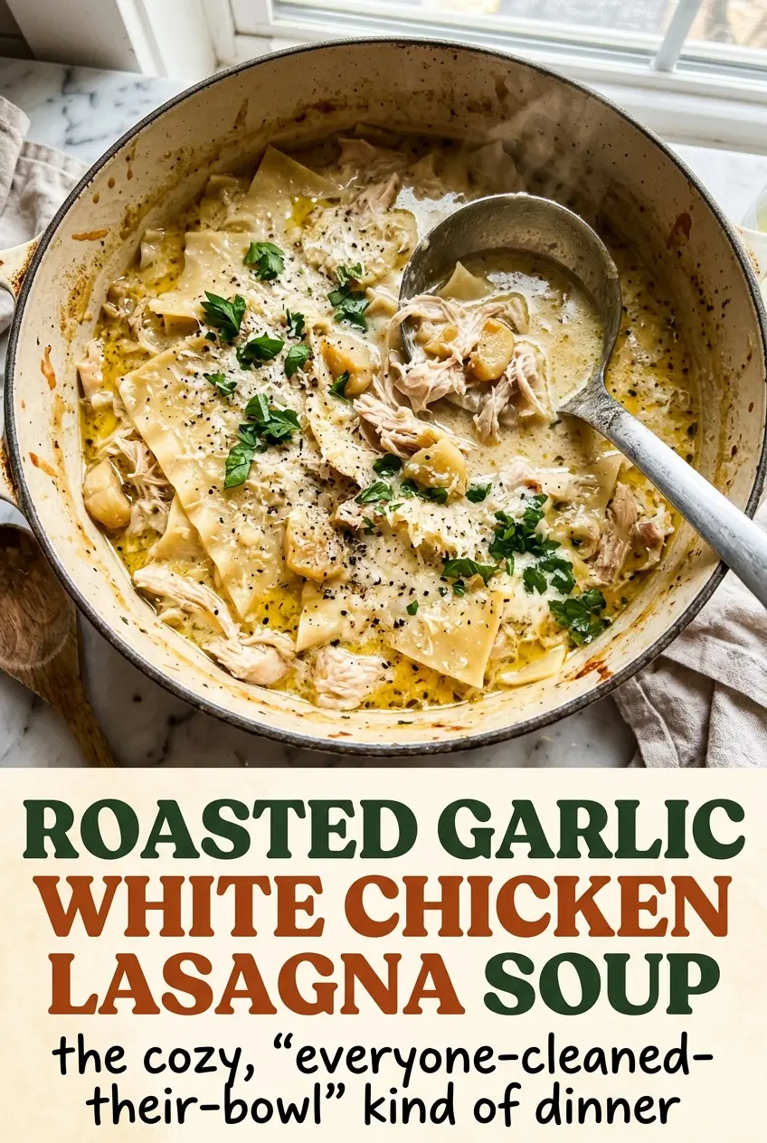 Roasted Garlic White Chicken Lasagna Soup rich creamy broth