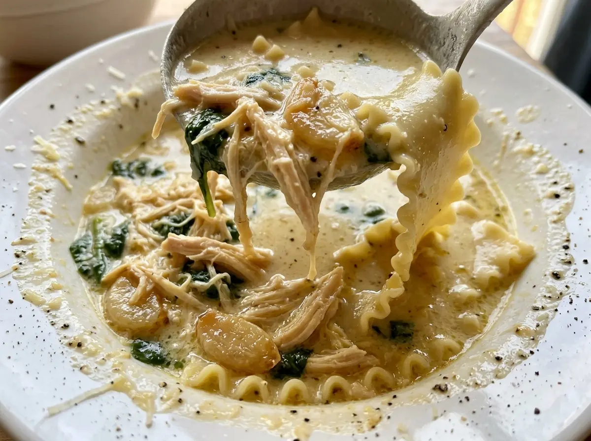 Roasted Garlic White Chicken Lasagna Soup creamy spinach bowls