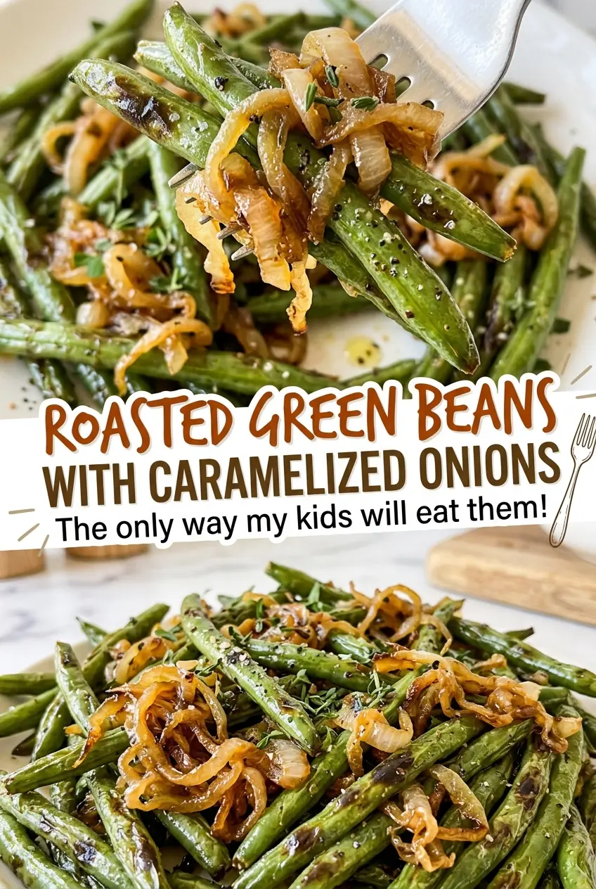 Roasted Green Beans with Caramelized Onions, golden and savory