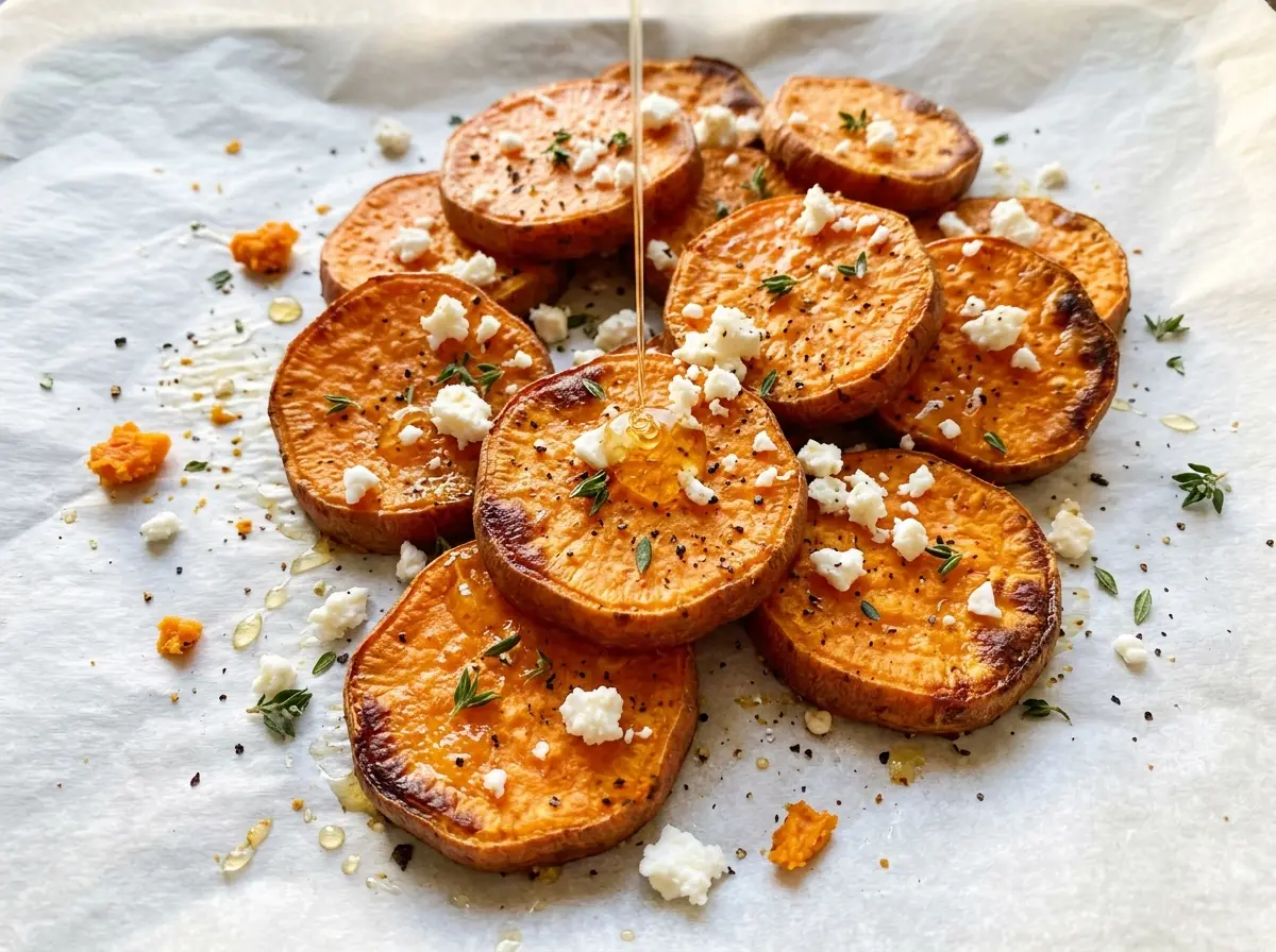 Roasted Sweet Potato Rounds with Honey and Feta, golden and tender