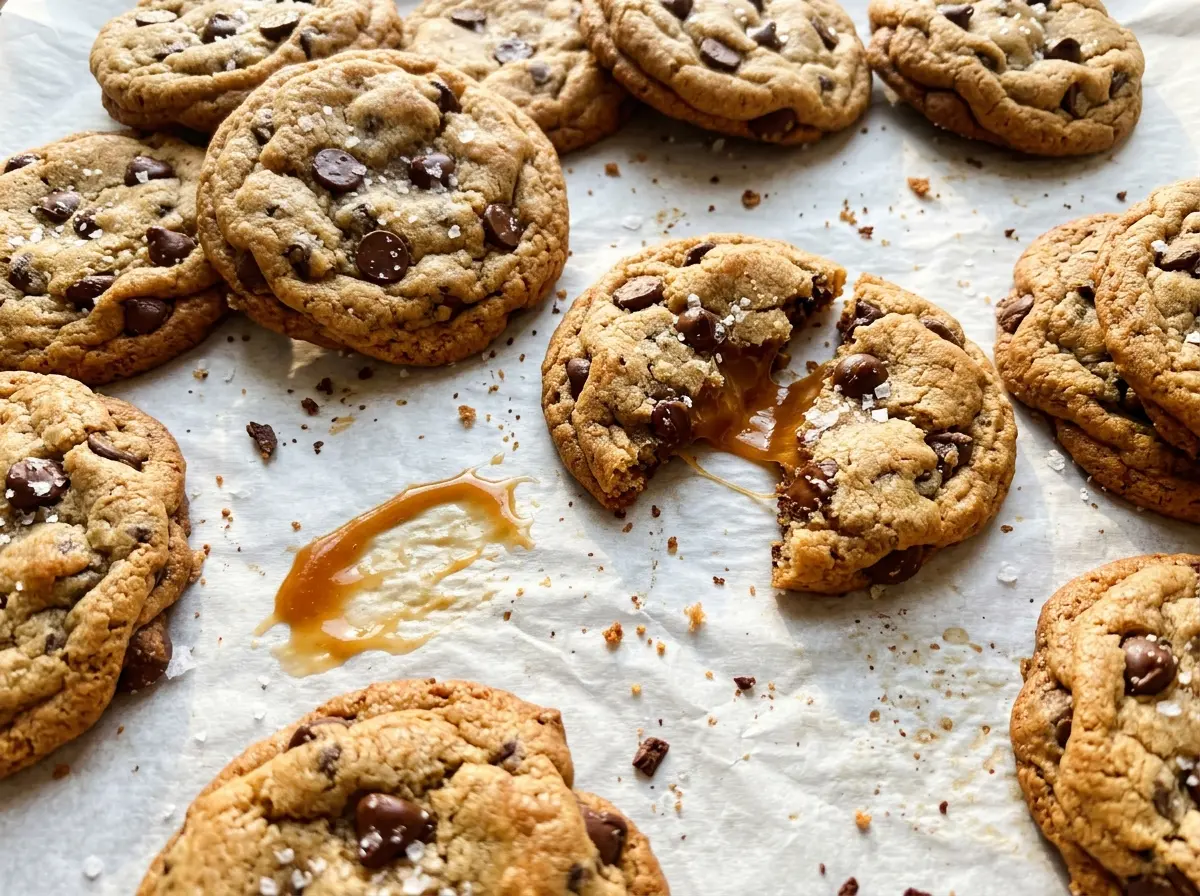 Salted Caramel Chocolate Chip Cookies gooey caramel centers