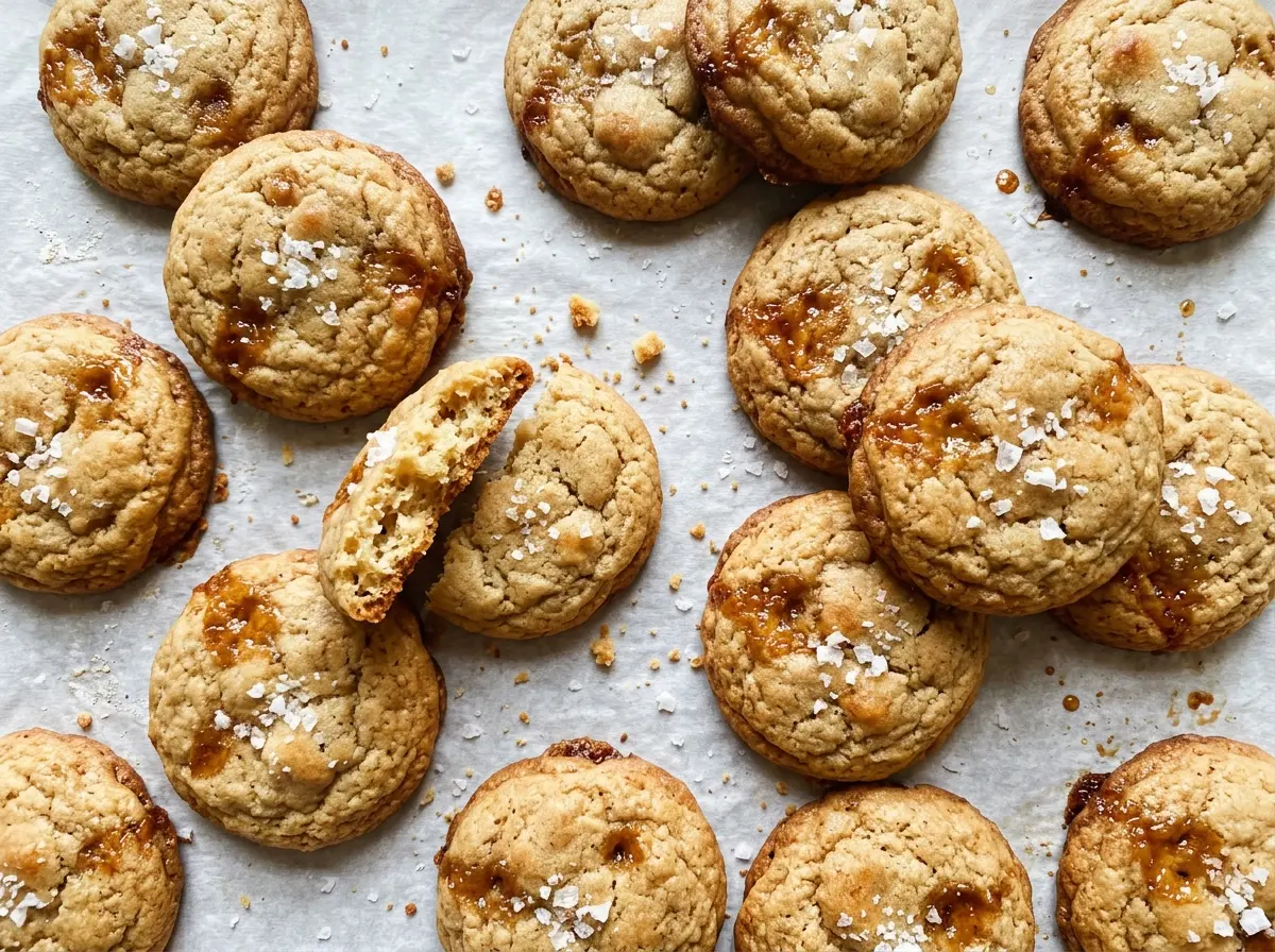 Salted Honey Cookies with golden edges and flaky tops