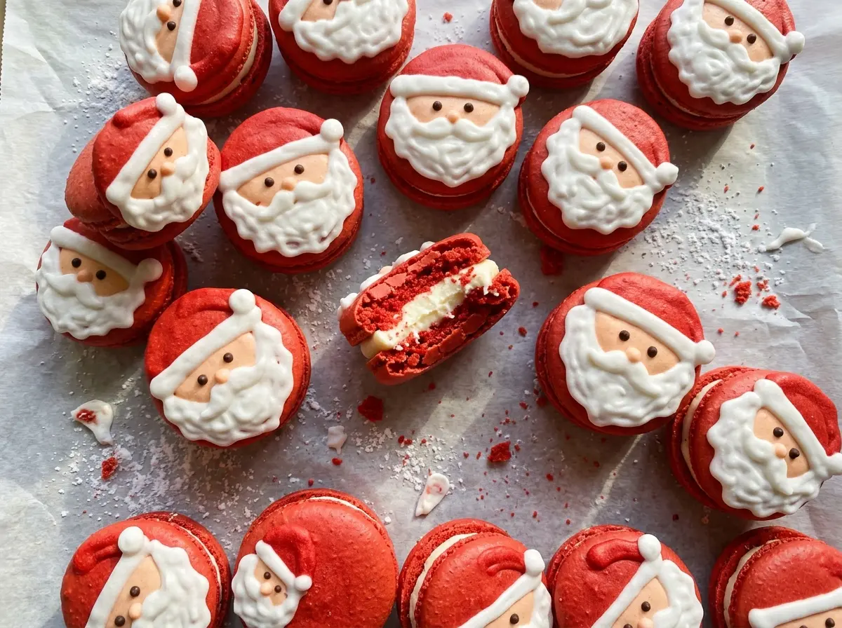 Santa Claus macarons with red shells and buttercream beards