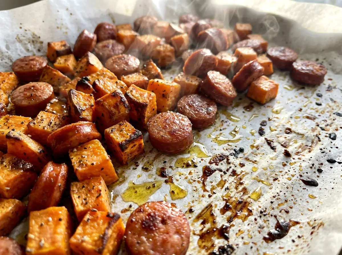 Sheet Pan Sausage and Sweet Potatoes browned and tender