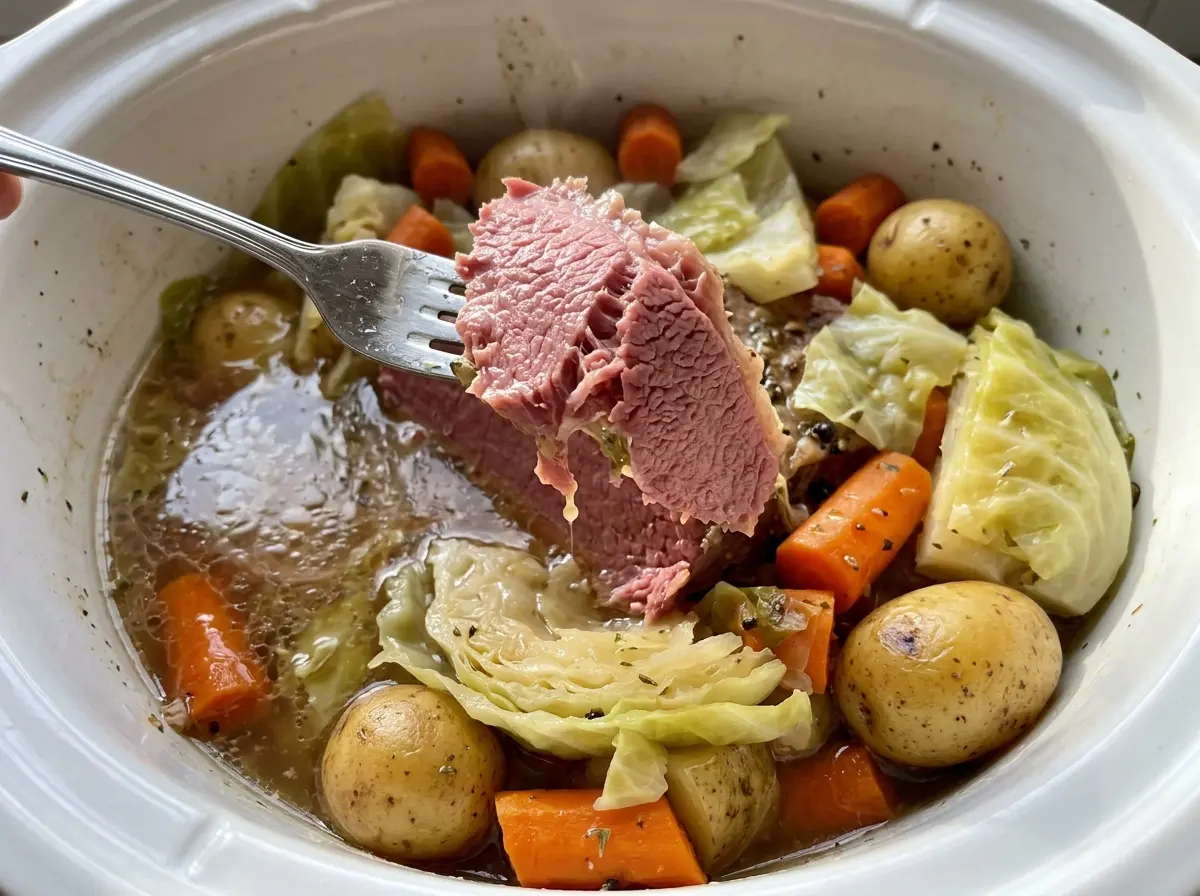 Slow Cooker Corned Beef and Cabbage with tender brisket