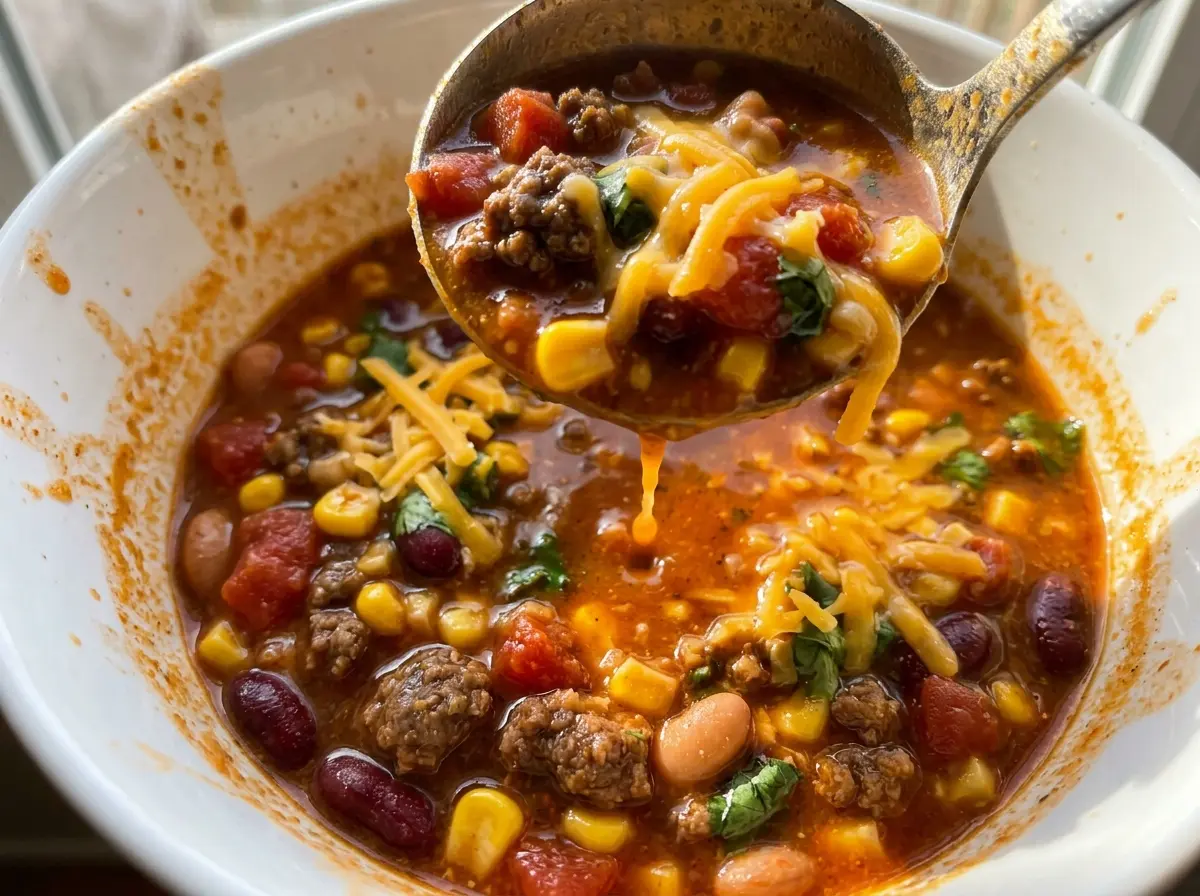 Slow Cooker Taco Soup hearty bean-filled bowl