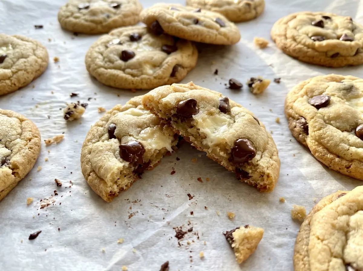 Softbatch Cream Cheese Chocolate Chip Cookies with soft golden centers