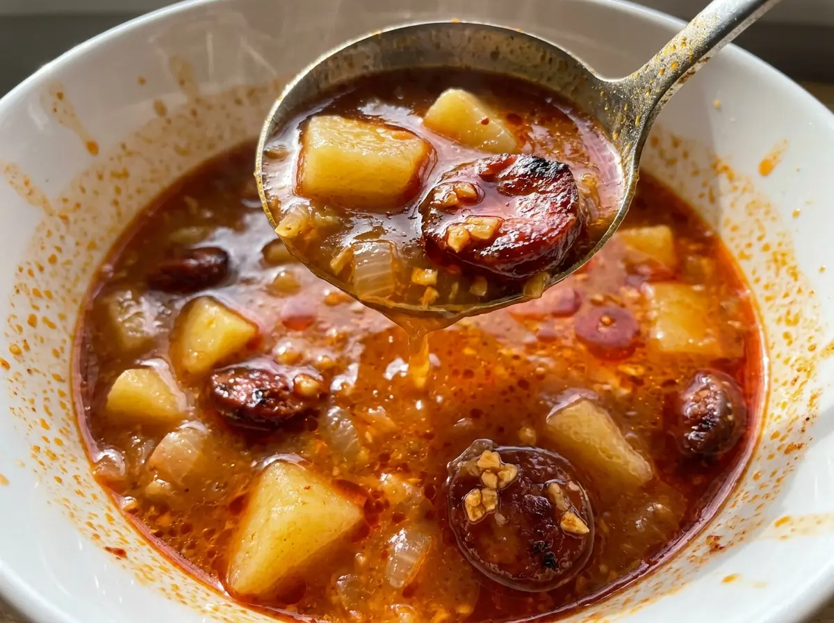 Spanish Potato Soup With Chorizo, rustic paprika broth