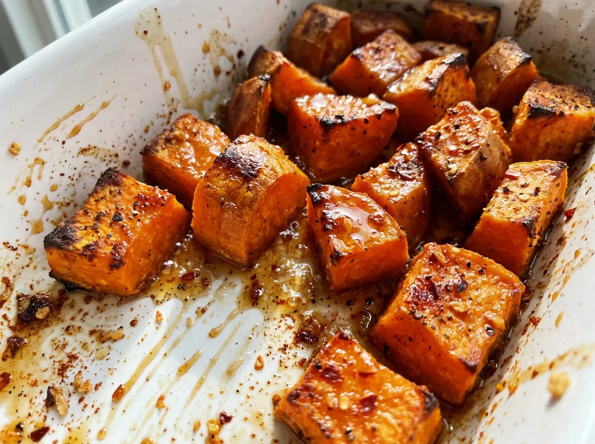 Spicy Sweet Roasted Sweet Potatoes golden browned cubes