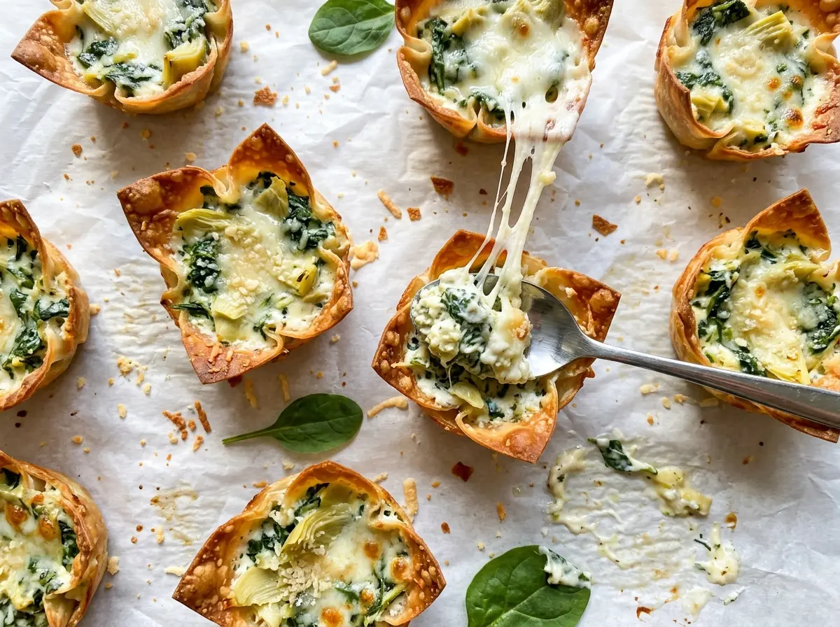 Spinach Artichoke Dip Wonton Cups golden crisp bites