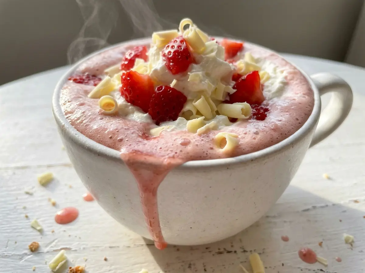 Strawberry White Hot Chocolate in creamy pink mugs