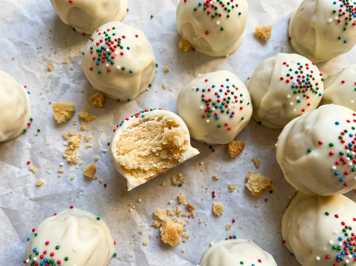 Sugar Cookie Truffles with creamy centers and white chocolate coating