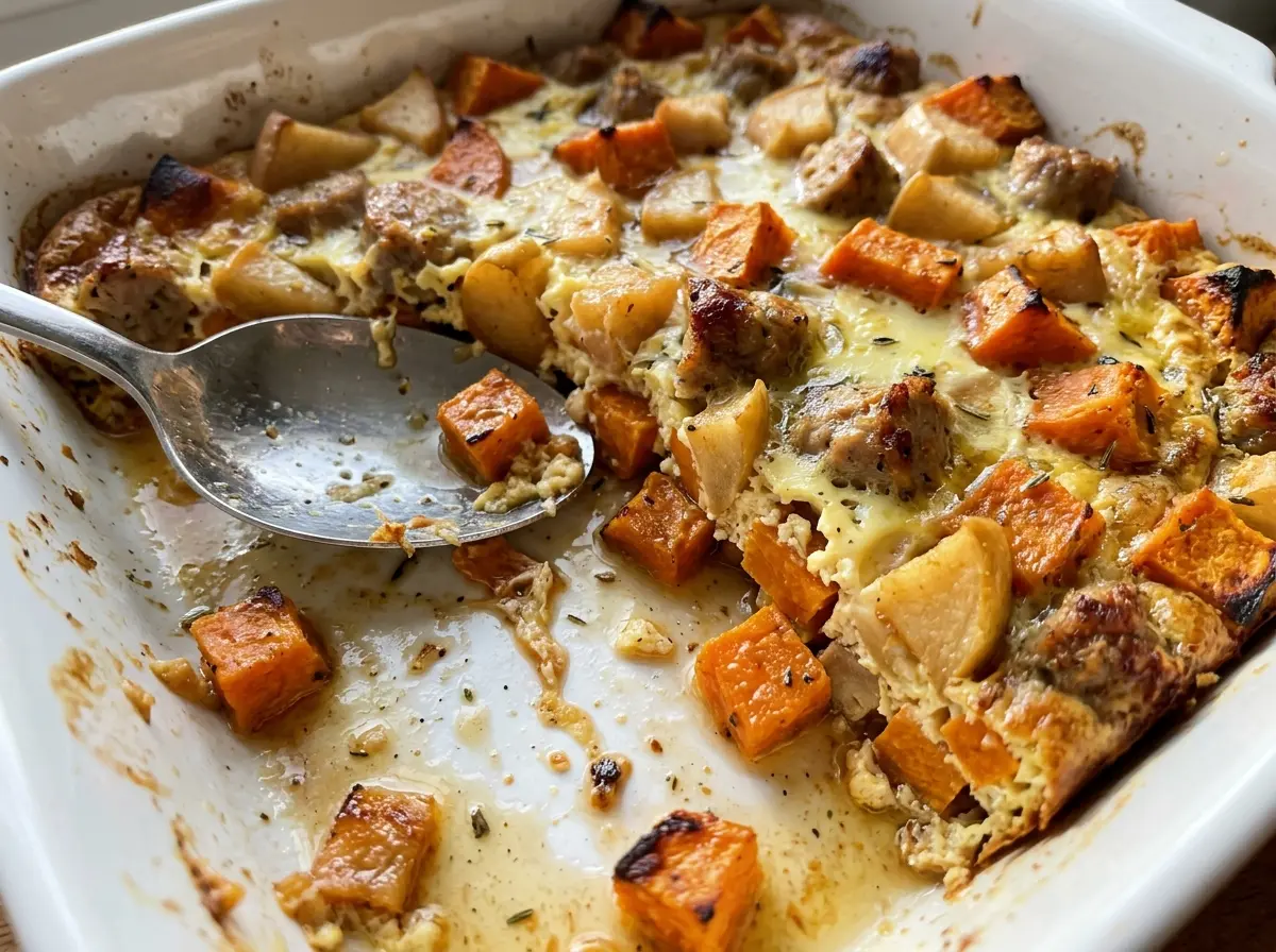 Sweet Potato Apple Chicken Sausage Breakfast Bake with golden, cheesy edges