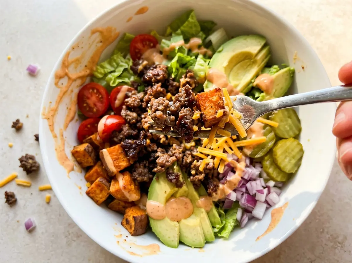 Sweet Potato Burger Bowl with roasted golden toppings