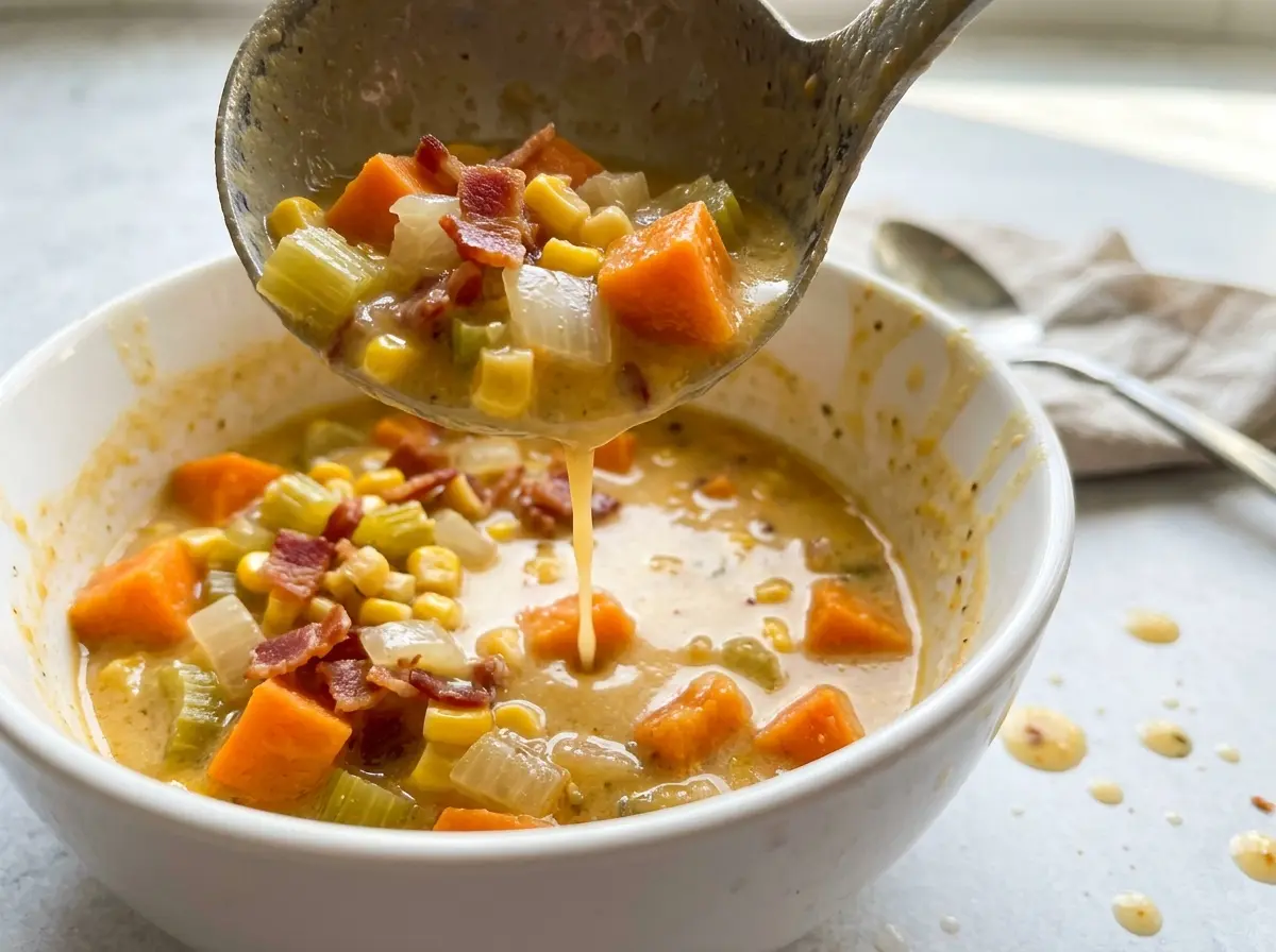 Sweet Potato Chowder with creamy broth and bacon