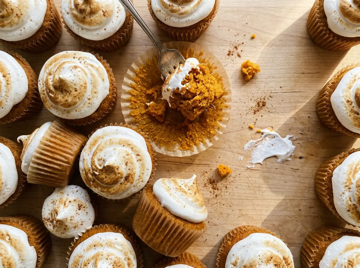 Sweet potato cupcakes with marshmallow frosting, tender spiced crumb