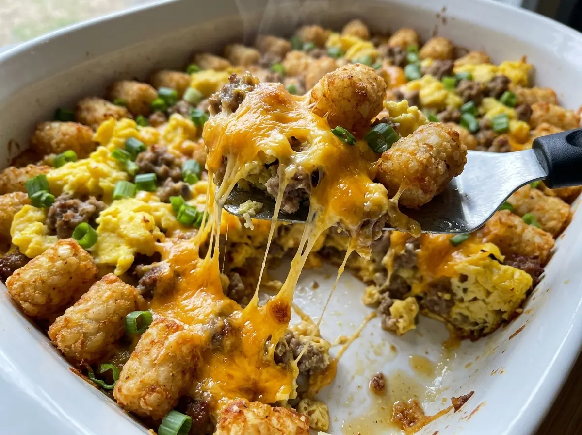 Tater Tot Breakfast Casserole golden cheesy top