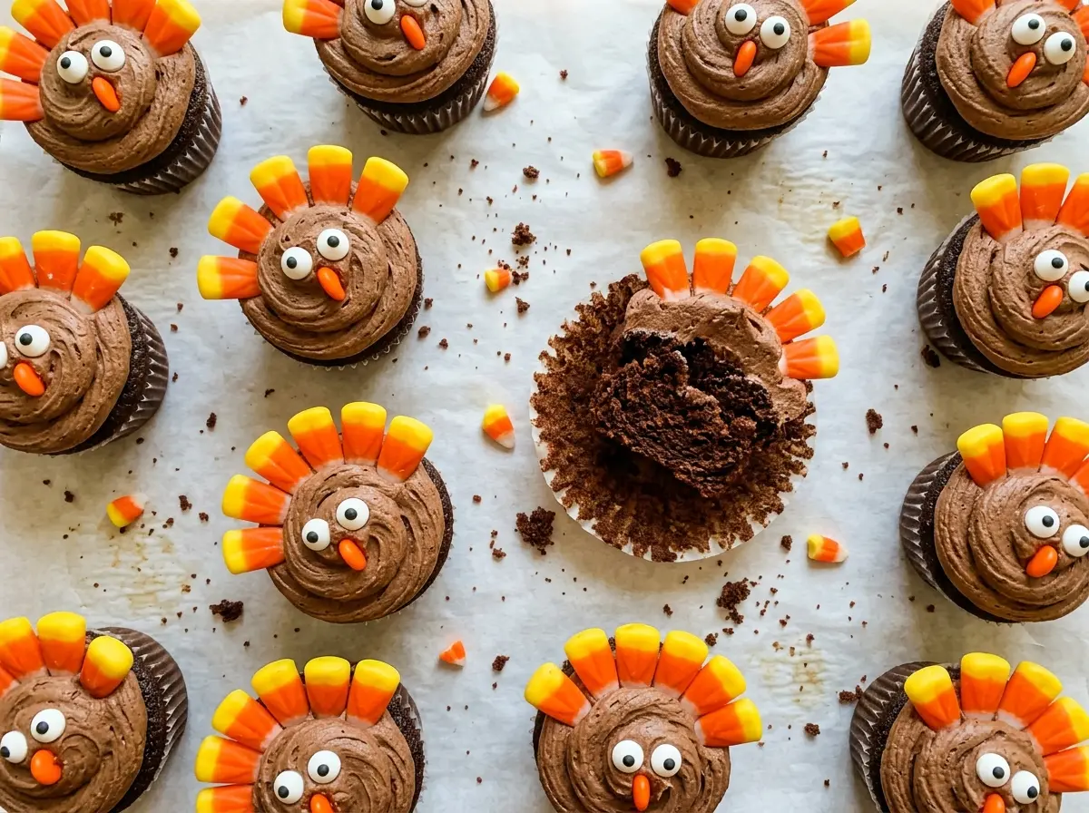 Turkey cupcakes chocolatey candy-corn feathers
