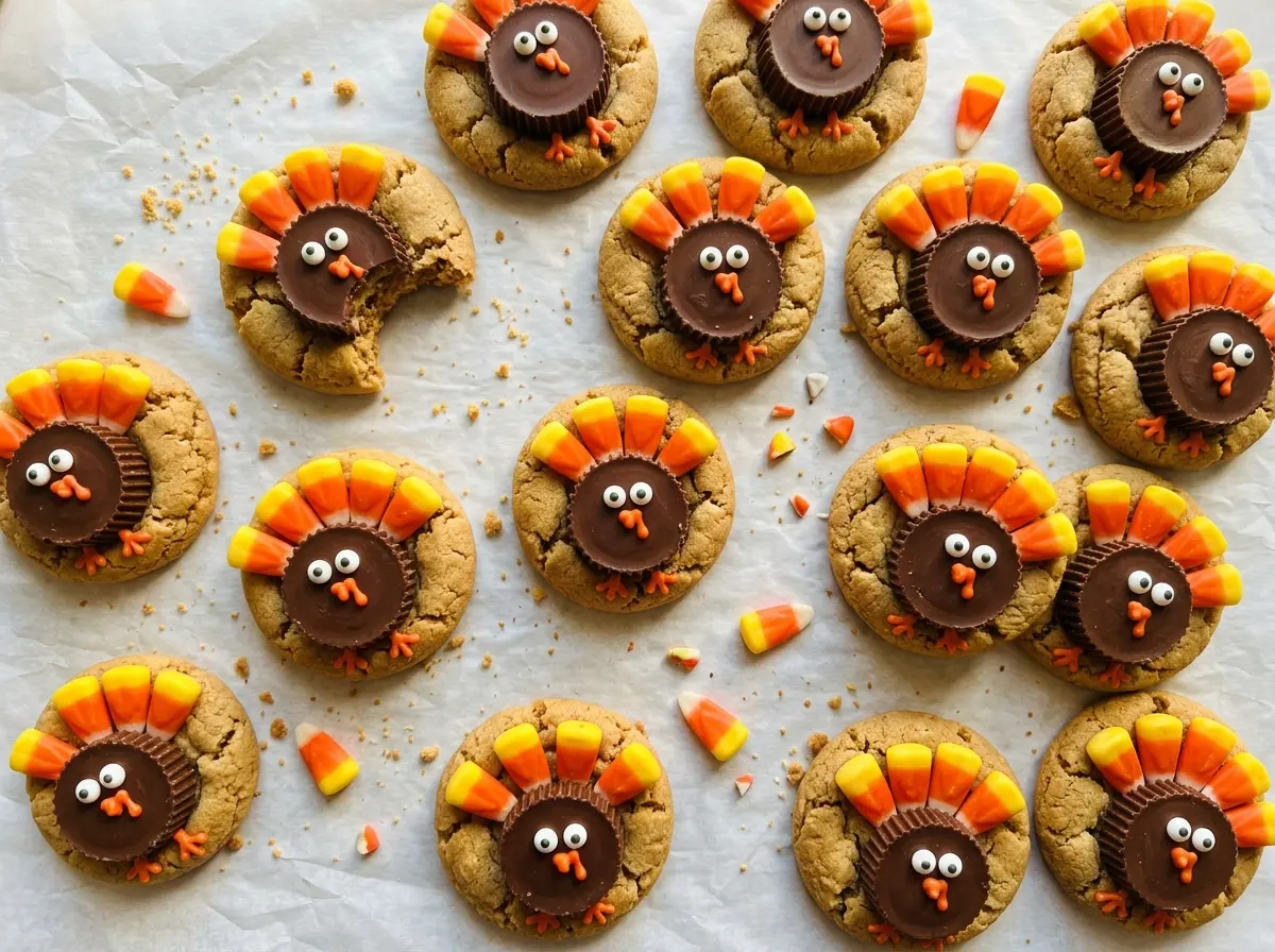 Turkey Peanut Butter Cup Cookies with candy corn feathers