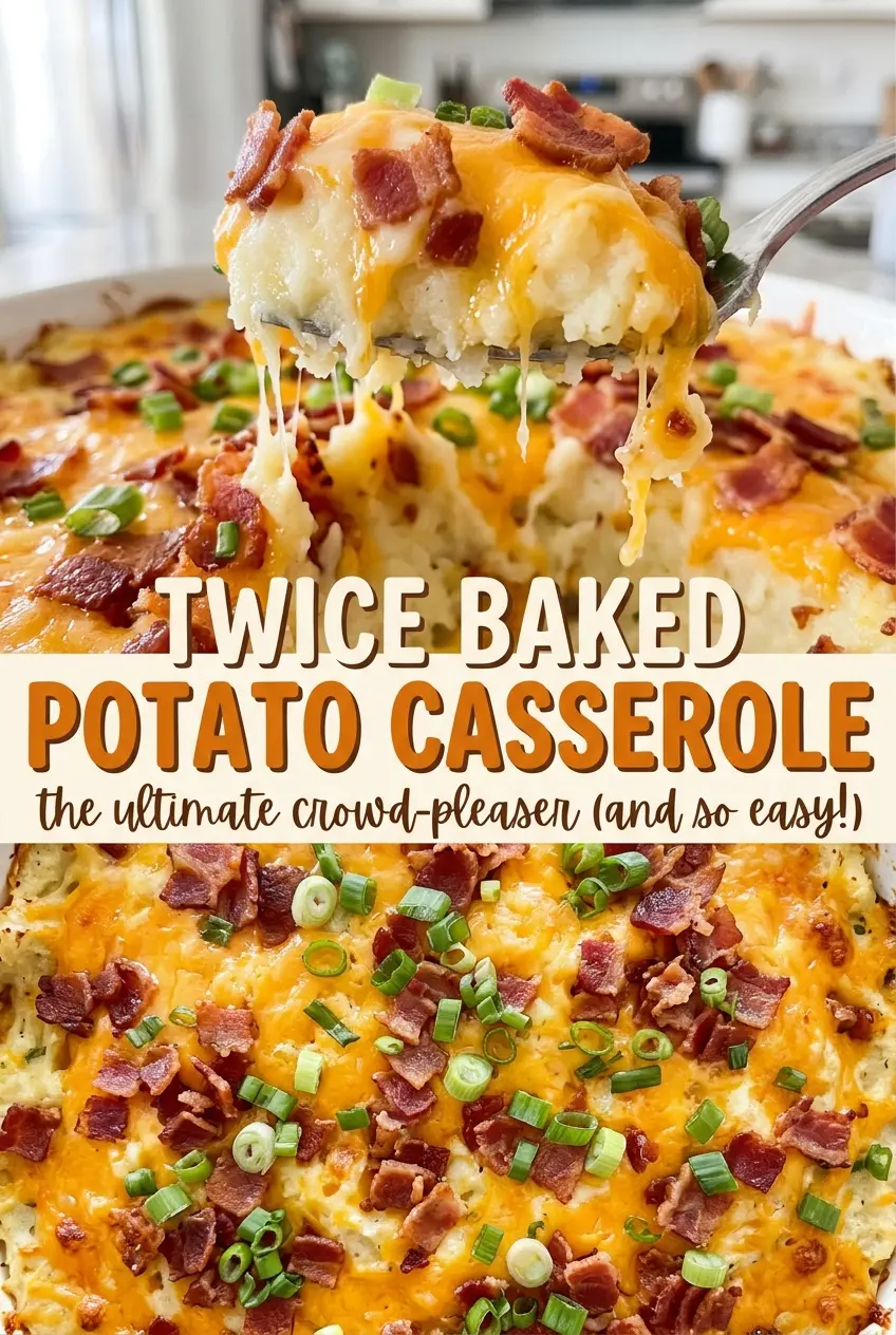Twice Baked Potato Casserole golden cheesy top