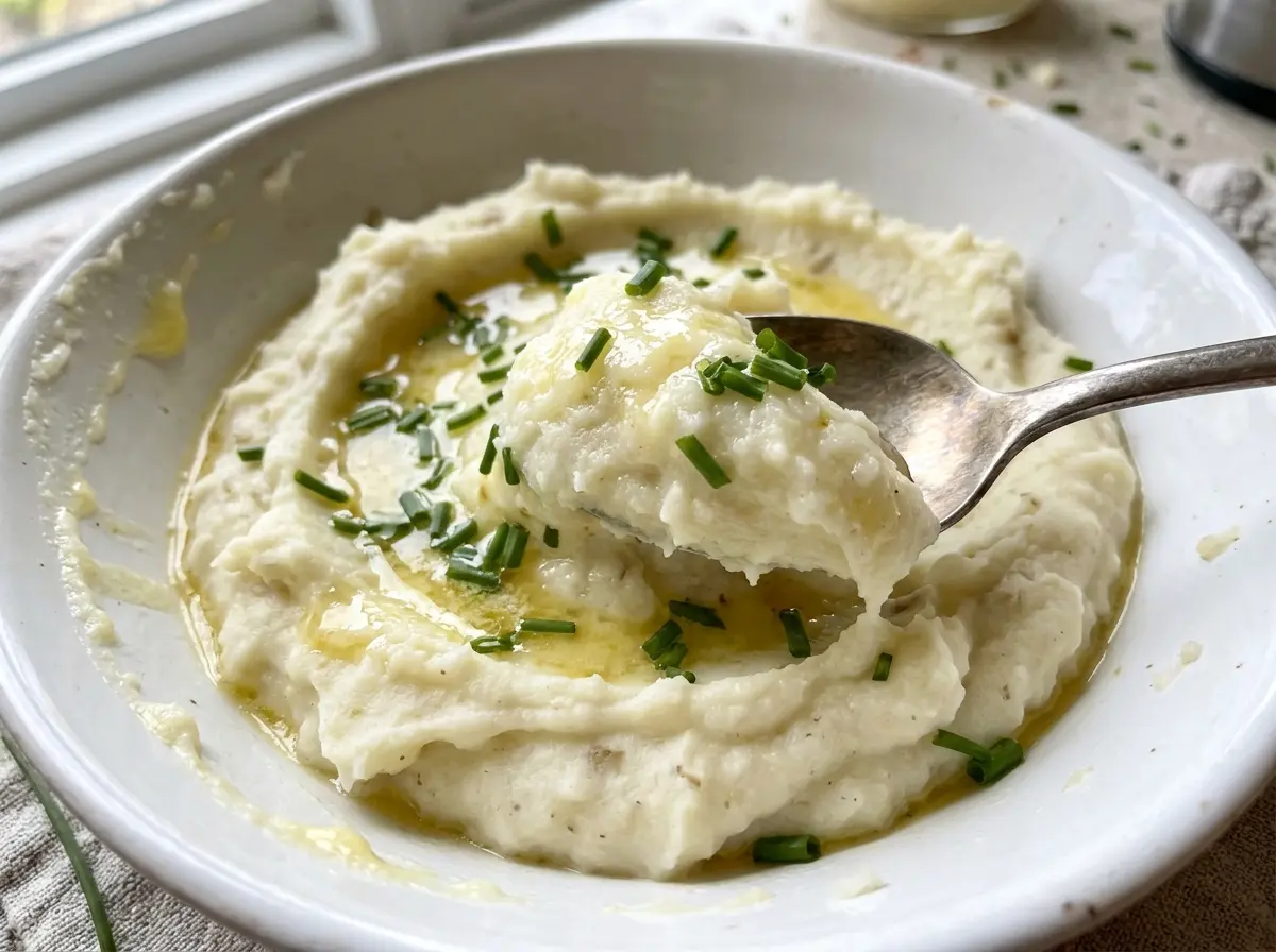 Vegan mashed potatoes with creamy texture and golden color