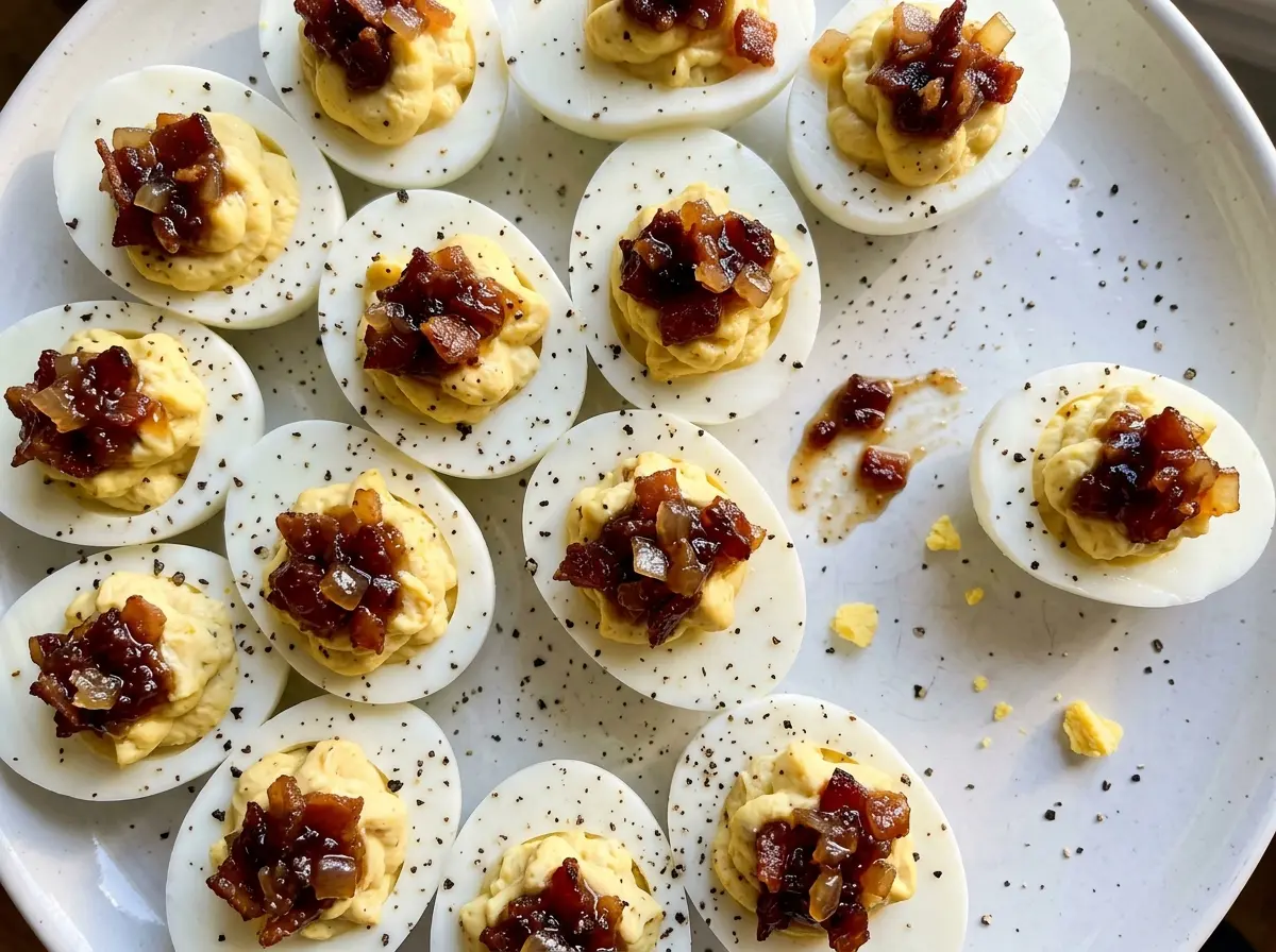 Whiskey Bacon Jam Deviled Eggs with glossy bacon topping
