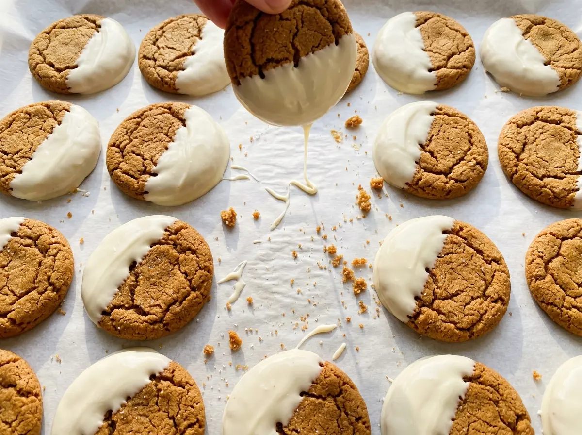 White Chocolate Dipped Gingersnap Cookies, crackled spiced tops