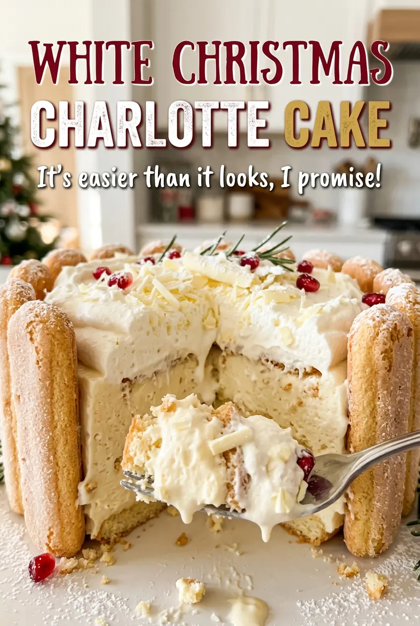 White Christmas Charlotte Cake with creamy white chocolate filling