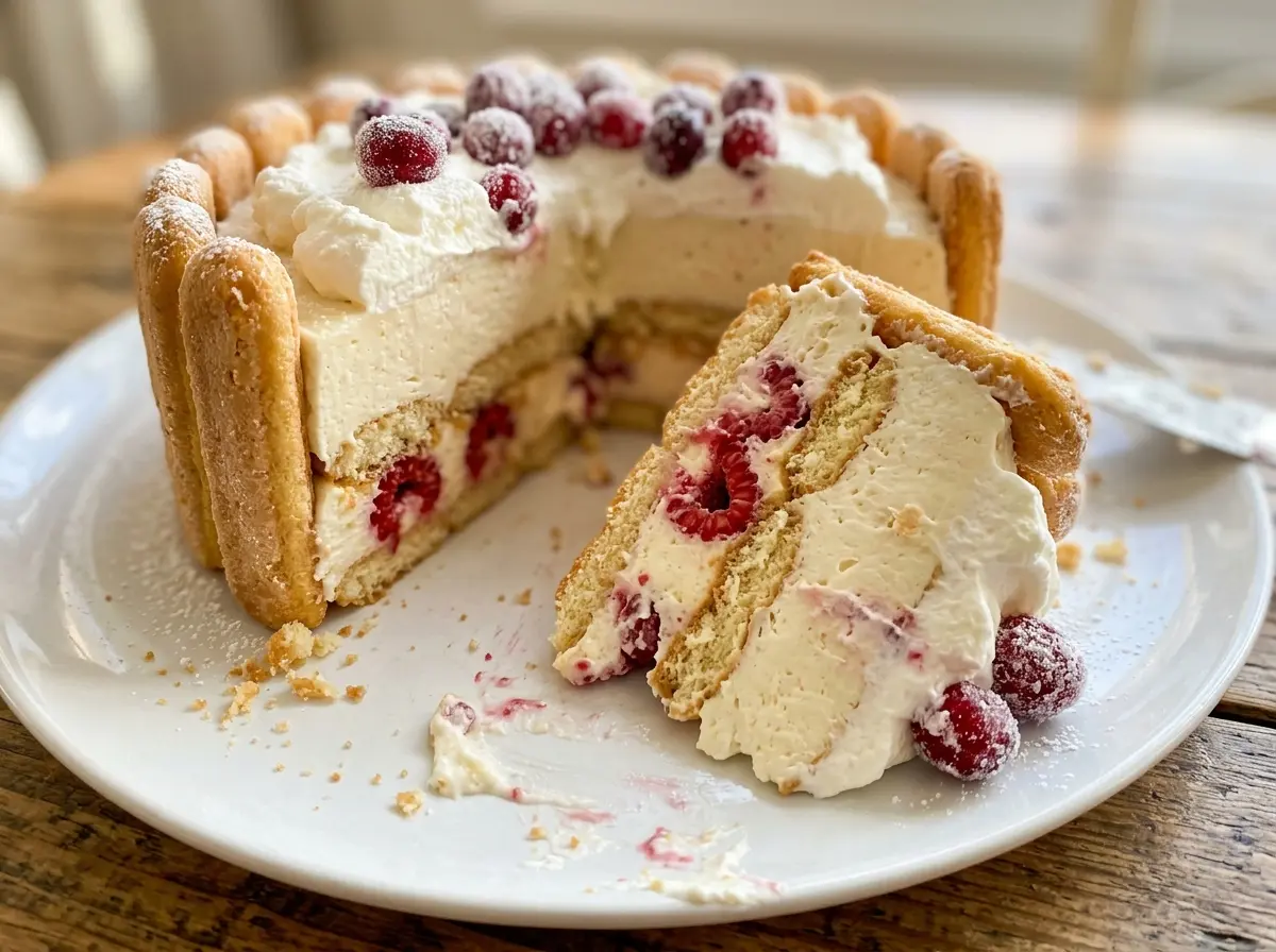 White Christmas Charlotte Cake with snowy coconut topping